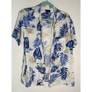 George Mens Tropical Floral Palm Print Short Sleeve Button Down Shirt Blue White